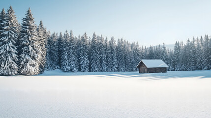 Obraz premium A serene snowy field with a small wooden cabin and snow-covered pine trees