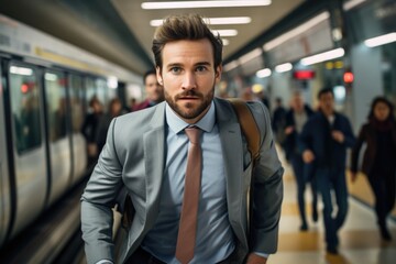 Corporate race - a businessman running, embodying concept of fast work and corporate lifestyle, illustrating demands of modern life and pursuit of business success in a dynamic world.