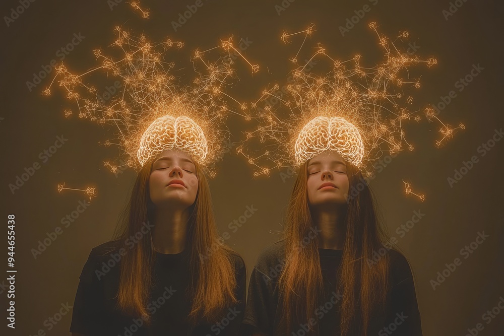Poster double portrait of women with glowing brain illustrations depicting cognitive harmony intellectual c