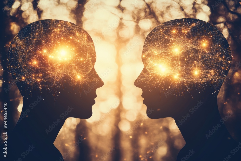 Poster back to back human figures with glowing brain illustrations depicting intellectual reflection cognit