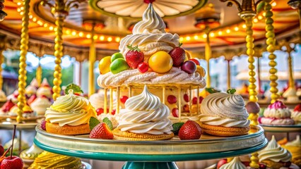 Naklejka premium A vintage-inspired carousel featuring a lemon pavlova as the grand prize, spinning amidst a colorful medley of ice cream flavors and whimsical toppings.