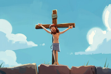 Stylized animated depiction of a young man crucified on a wooden cross under a clear blue sky. 