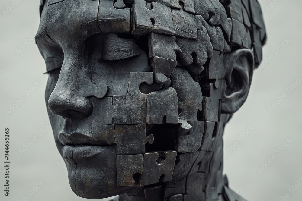 Poster sculptural art of a face with puzzle pieces depicting cognitive complexity intellectual depth and th