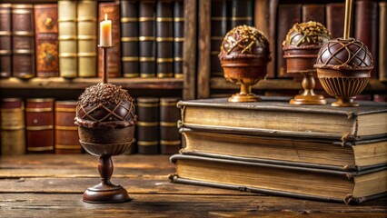 In a mystical library, ancient tomes bound in bronze leather hold the secrets of the perfect cake pop ice cream recipe