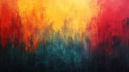 Vibrant abstract painting with shades of red, orange, yellow, and teal.