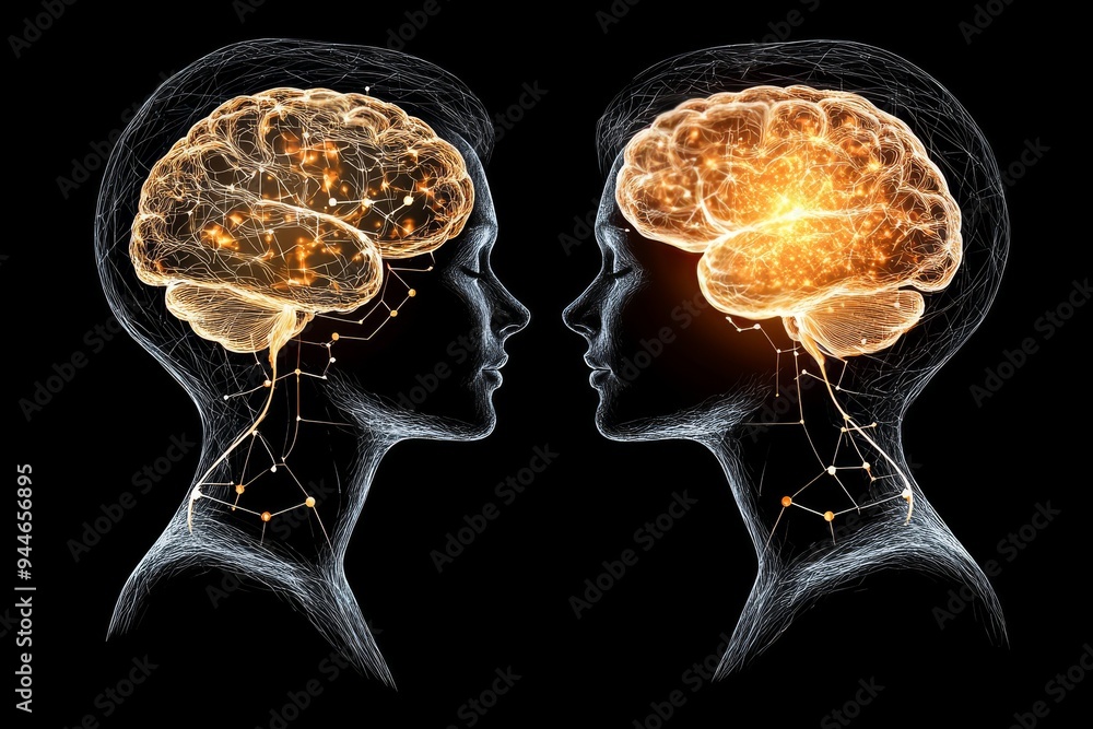 Poster x ray style illustration of two human heads with glowing brains depicting cognitive power intellectu