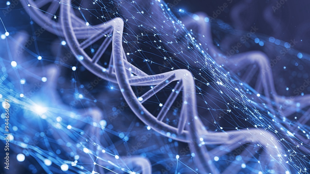 Poster spiral dna helix structure on color background.