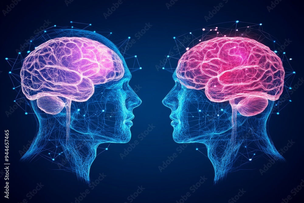 Poster neon light illustration of two glowing brains depicting cognitive interaction intellectual exchange 