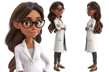 3D model of an animated female scientist in different poses, wearing glasses and a lab coat, showcasing professionalism and intelligence