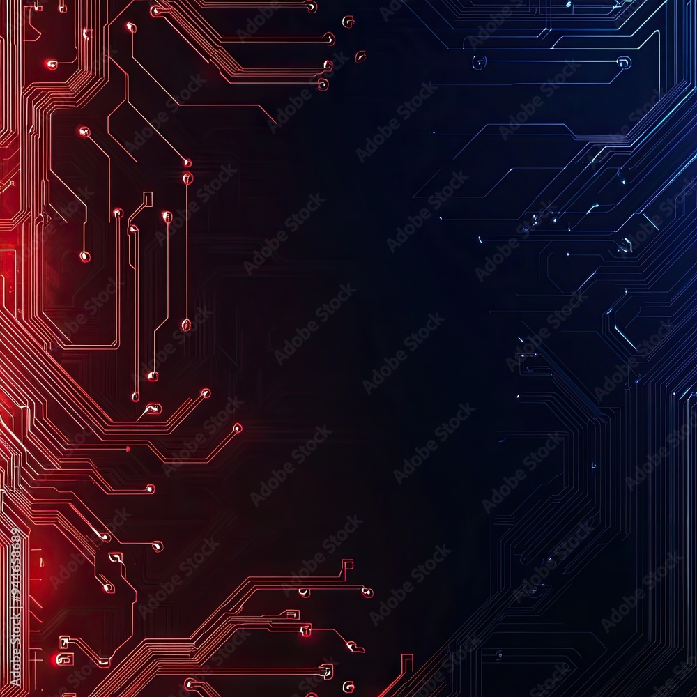 Poster a futuristic digital circuit background with vivid red and blue lights highlighting complex patterns