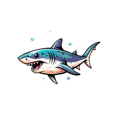 A cartoon shark with an open mouth and sharp teeth, swimming in the ocean with bubbles around it.
