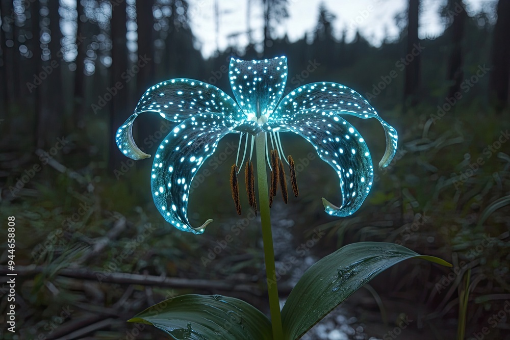 Poster a mesmerizing glowing flower illuminated by blue lights in a serene forest setting, creating an ench