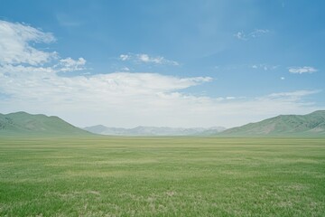 A serene landscape featuring expansive green grass under a clear blue sky, inviting tranquility and natural beauty.