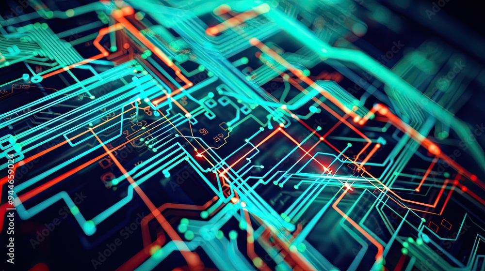 Poster high-tech circuit design with glowing elements and clear text area