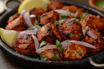 Sizzling tandoori Soya Chaap platter, smoky and charred soy protein marinated in spices, garnished with onions and lemon.