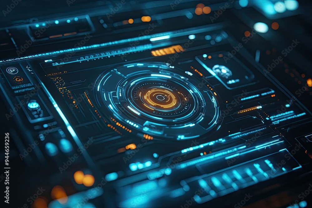 Poster futuristic digital interface with glowing elements and intricate design, ideal for technology and sc