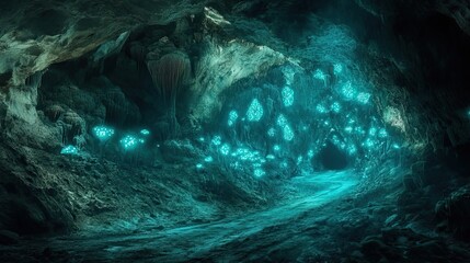 Bioluminescent Fungi Illuminating a Cave Pathway