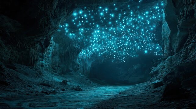 A Cave Illuminated by Bioluminescent Glowworms