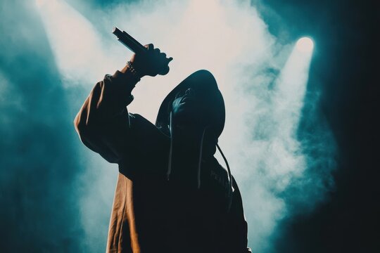A rapper with dynamic poses, mic in hand, on a minimalist stage setup, stark contrast with intense spotlights and shadow play, 