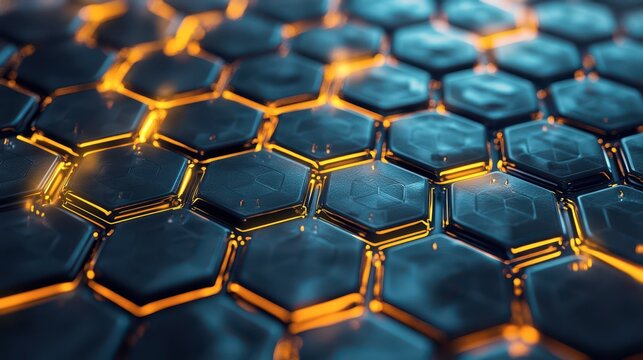 Intricate hexagonal pattern with glowing edges and reflective surfaces
