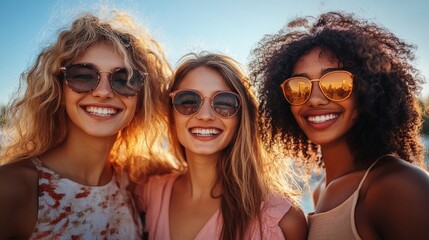 Fototapeta premium Happy young friends enjoying outdoor time together under blue sky