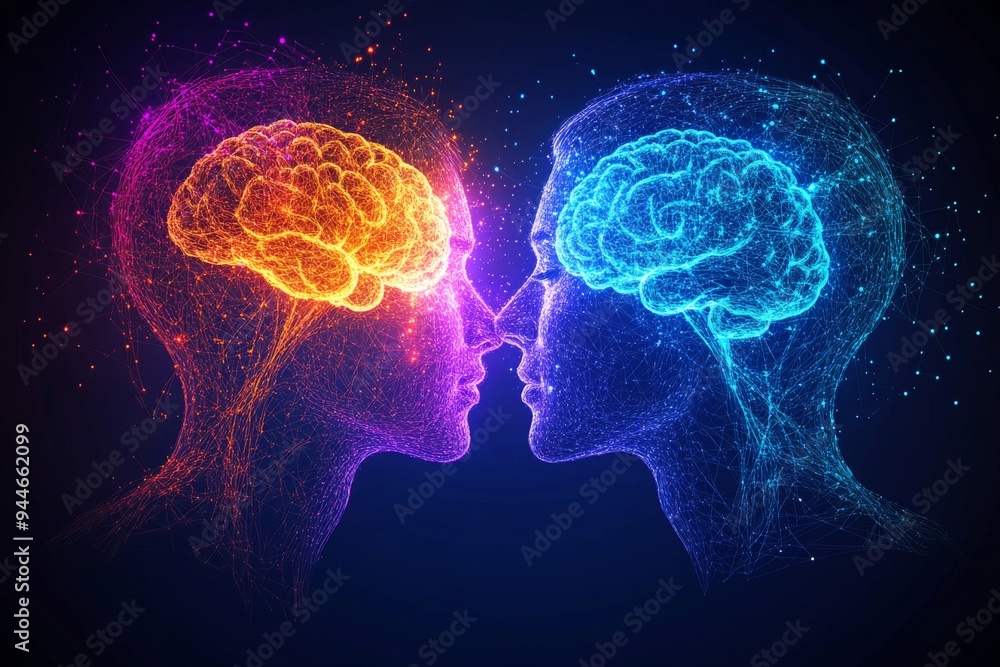 Poster neon illustration of two glowing brains depicting cognitive interaction intellectual exchange and th