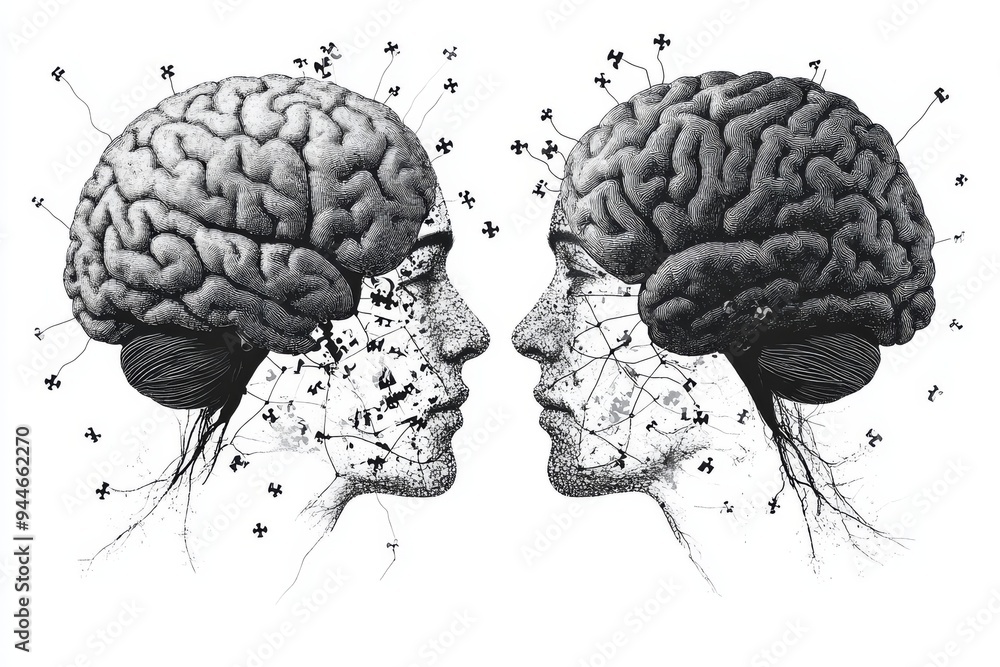 Poster minimalist illustration of two brains facing each other depicting cognitive connectivity intellectua