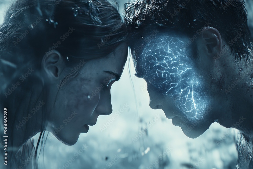 Poster futuristic portrait of a couple with glowing brain illustrations depicting cognitive connection inte