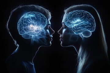 Contemporary Portrait of a Couple with Glowing Brain Illustrations Depicting Cognitive Connectivity Intellectual Affinity and the Power of Shared Thought in a Dark Vibrant Setting