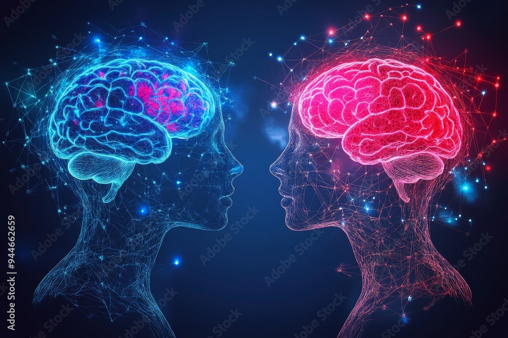 Poster neon illustration of two glowing brains depicting cognitive interaction intellectual exchange and th