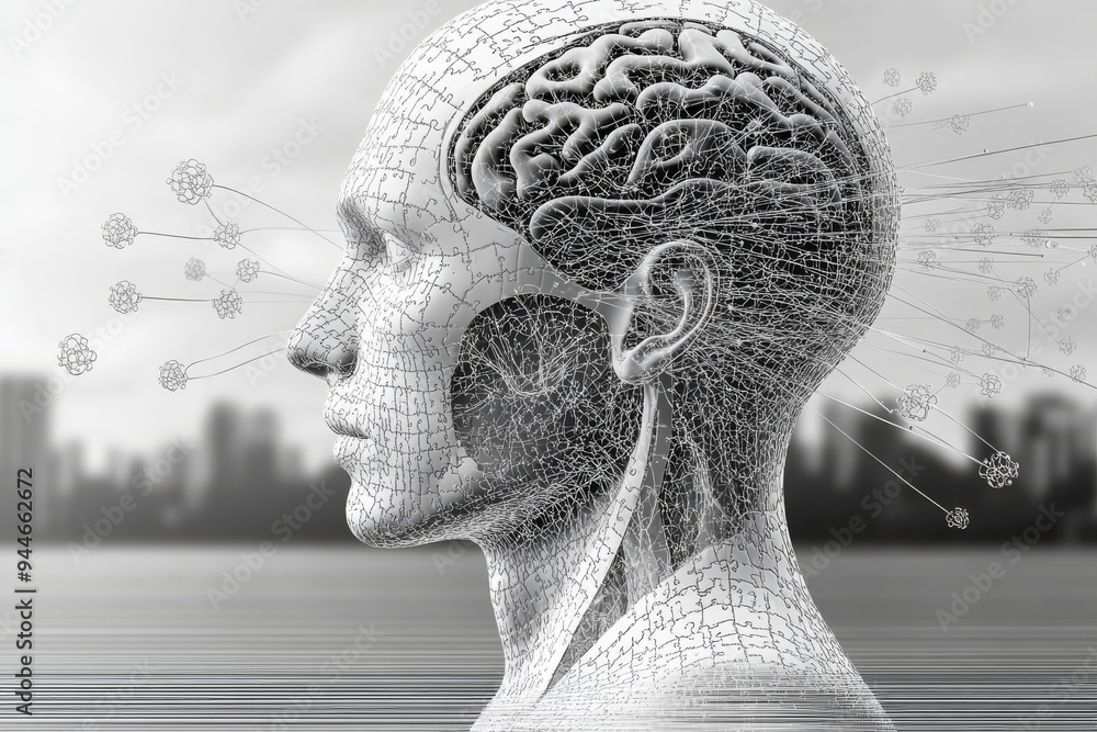 Poster digital art of a human head with neural network illustrations depicting cognitive connectivity intel