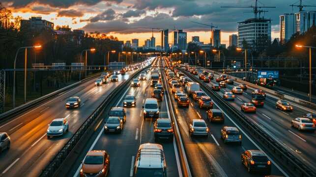 Cars on a busy highway with a beautiful sunset in the background, representing urban commute and modern life.