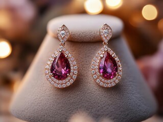 Earrings with gemstones, displayed on a jewelry stand with soft lighting, Elegant, Warm, Detailed
