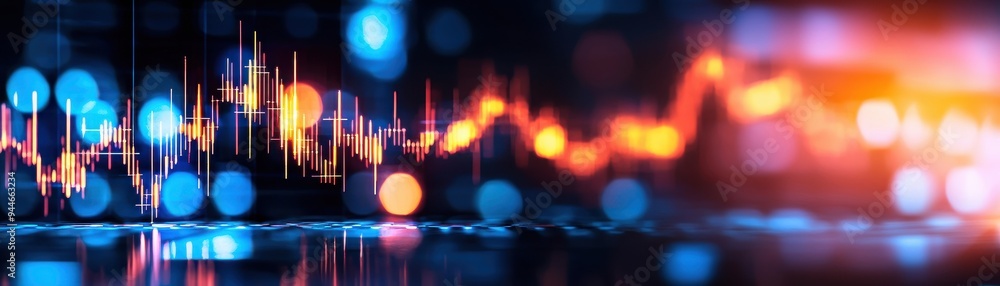 Poster vibrant digital wave visualization with glowing lines and colorful bokeh background, perfect for tec