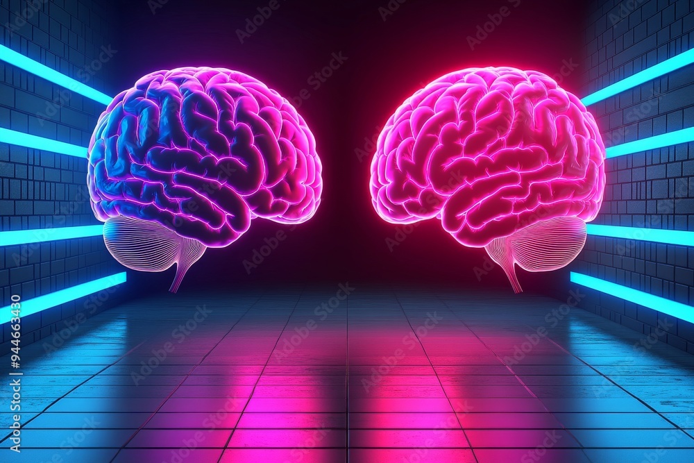 Poster neon light illustration of two glowing brains depicting cognitive interaction intellectual exchange 