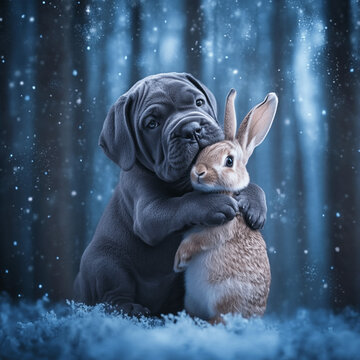 Cane Corso huggin a rabbit