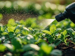 Garden sprayer applying fertilizer, with droplets and lush plant growth, Fresh, Bright, Detailed