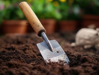 Garden trowel digging into rich soil, ready for planting, Earthy, Bright, Detailed