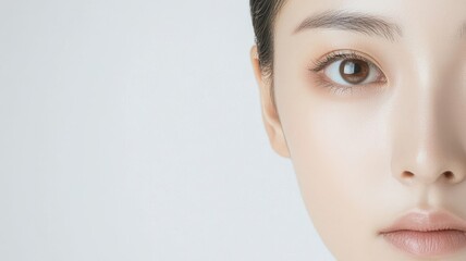 Naklejka premium Close-up of an Asian person s face, showcasing clear, bright skin with no blemishes, perfect complexion, clear skin, bright complexion, flawless beauty