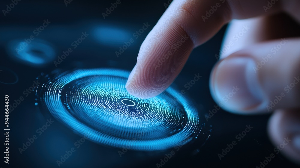 Poster a close-up of a finger touching a glowing circular interface, representing technology and innovation