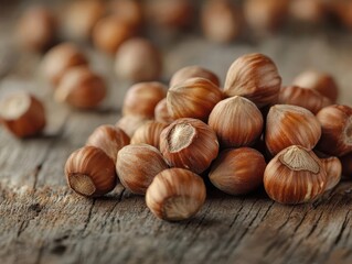Fototapeta premium Hazelnuts scattered on a rustic table, with a focus on texture and natural tones, Nutty, Warm, Detailed