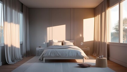 a minimalist bedroom with clean lines and simple furnishings, bathed in the soft, warm glow of morning sunlight streaming through large windows.