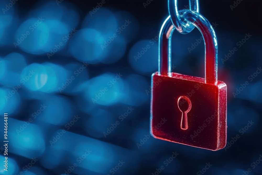 Poster a close-up of a red padlock hanging over a blurred keyboard background, symbolizing data security an
