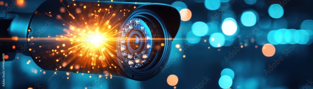 Poster a close-up of a surveillance camera capturing a moment of high-tech sparks, symbolizing security and
