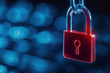 A close-up of a red padlock hanging over a blurred keyboard background, symbolizing data security and privacy protection.