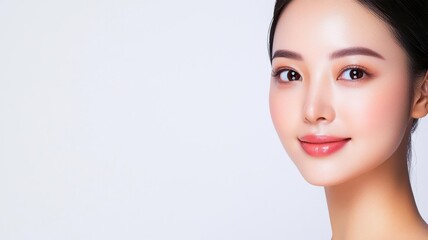 Obraz premium Close-up of an Asian woman with flawless, glowing skin, soft natural light enhancing her radiant complexion, beautiful skin, radiant complexion, natural beauty