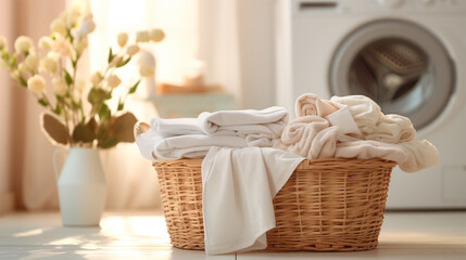 Fototapeta premium wicker basket with white and beige towels in sunlit laundry room with washing machine in background. 