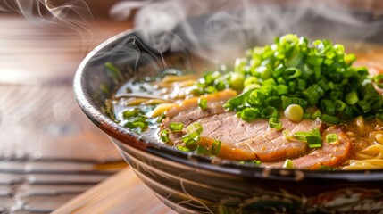 A bowl of hot, steaming ramen garnished with slices of meat and chopped green onions, ready to be enjoyed.