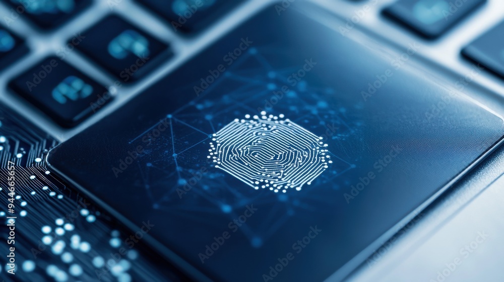 Poster a close-up view of a fingerprint scanner on a laptop keyboard, symbolizing security and technology i