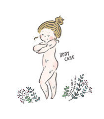 ボディケアをしている女性の裸の全身イメージイラスト　カラー